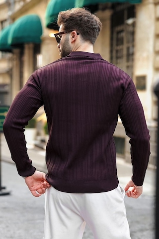 Madmext Mürdüm Polo Yaka Desenli Over Fit Erkek Triko Kazak E7517