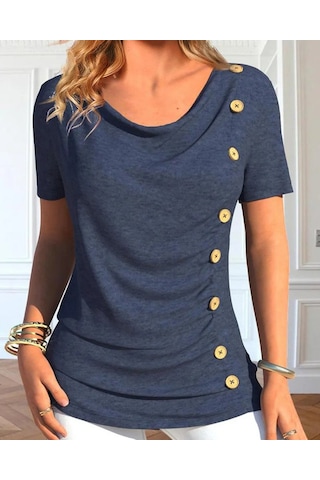 Kadın Degaje Yaka Düğme Detaylı Kısa Kollu Viskon Bluz