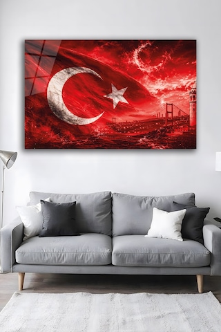 Türk Bayrağı Ay Yıldız Boğaz Köprüsü Cam Tablo Şık Duvar Tablosu Solmayan Canlı Renkler Salon Ve Oturma Odası Ev Hediyesi Parlak Cam Yüzey