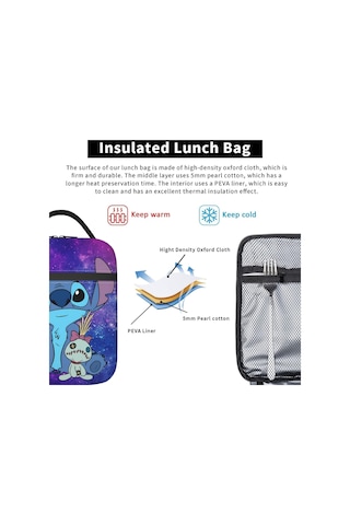 Stitch Yalıtımlı Öğle Yemeği Çantası Okul Piknik Atıştırmalık Öğle Yemeği Kutusu 6 Çok Renkli