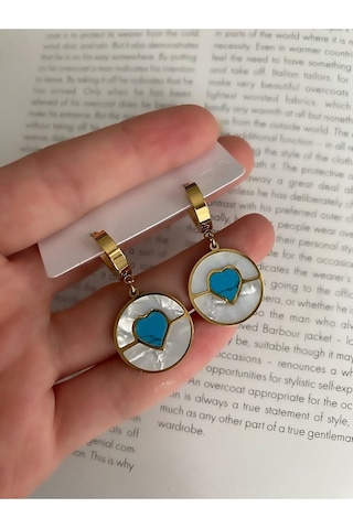 Kadın Sedefli Mavi Kalp Çelik Kararmaz Küpe Çifti