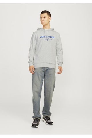 Jack & Jones Erkek Kapüsonlu Gögüs Logo Baskili Sweatshirt - Alvis 12256848 White Melange Gri