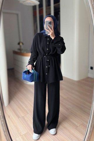 Ka Hijab Çıtçıt Detay Beli Büzgülü Takım - Siyah