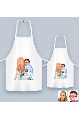 Bk Gift Kişiye Özel İkili Anne Oğul Karikatürlü Mutfak Önlüğü Seti, Anneye , Anneler Günü leri