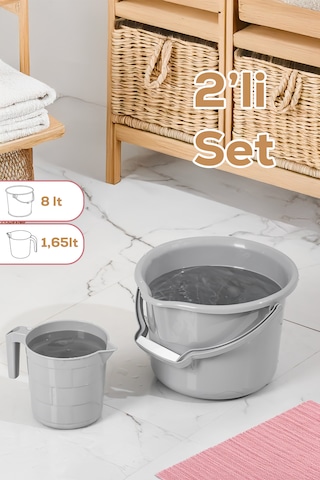 Porsima 2li Banyo Balkon Temizlik Seti 8l Kulplu Kova 1,65l Maşrapa Banyo Seti Gri Gri