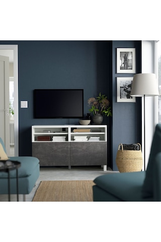 Tv Sehpası, Beyaz-koyu Gri Taş Görünümlü, 120x40x74 Cm, Kallvıken Gri