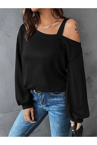 Kadın Uzun Kollu Tek Omuz Askı Detay Salaş Viskon Iki Iplik Bluz Bediva 001