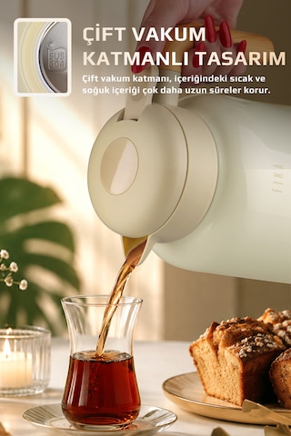 Fika Paeta Çift Katmanlı Sızdırmaz Kapaklı Çelik Orta Boy Sürahi Termos 1300 Ml Bej