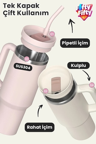 Tumbler Quencher Cup 1200 Ml Pipetli Rahat İçim Kulplu Sus304 Paslanmaz Çelik 1.2l Termos 1103-1200ml Krem