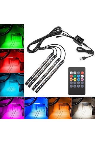 Geeroyoo Araç İç Led Işık Seti 48 Led 4x22cm - Usb Girişli, Müzik Rhytmi İle Renk Değiştirme, Kumanda Kontrol, Su Geçirmez