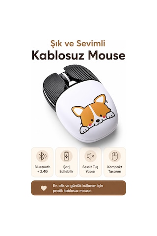 Şarjlı Bluetooth 2.4g Sessiz Kablosuz Mouse Köpek Desenli Çok Renkli Diğer