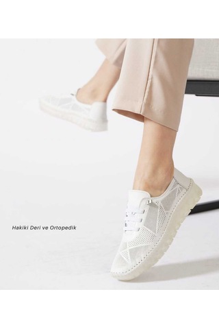 Oes&shotex Hakiki Deri Günlük Kadın Ayakkabısı Beyaz Esnek Taban Comfort Taban Beyaz