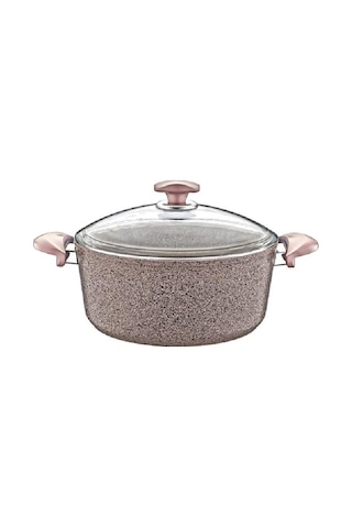 Oms Granit Cam Kapaklı Derin Tencere Kahve 22 CM