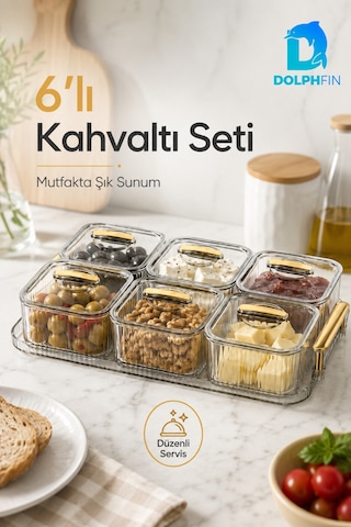 6 Lı Kapaklı Kahvaltılık Seti Şeffaf Gold Kulplu Sunum Tepsili Seffaf