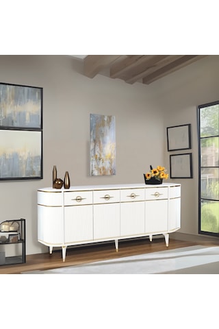 Maya Beyaz Gold Lüks Konsol 4 Kapaklı Şerit Detaylı Metal Ayaklı Tasarım 180x45x84 Cm Beyaz - Gold