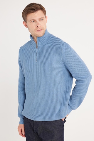 Tudors Erkek Slim Fit Dar Kesim Fermuarlı İndigo Dik Yaka Triko Kazak-34927 İndigo