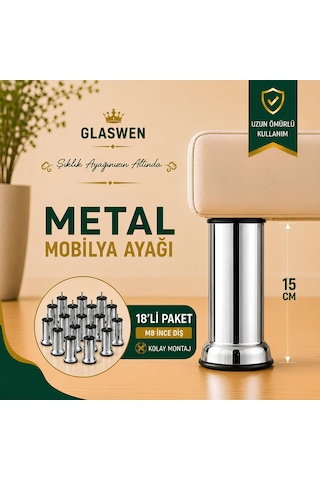 18 Adet Metal Destek Ayağı 15 Cm Krom Mobilya Kanepe Baza Koltuk Ünite Ayakları Metrik 8 Civatalı İnce Diş