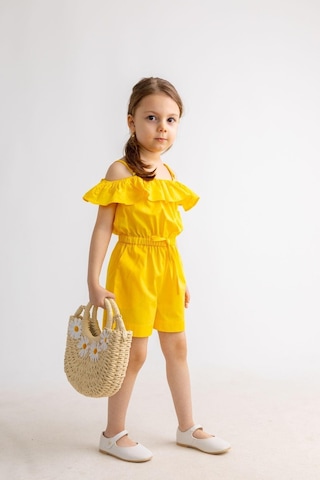 Oliventhekid Omuzdan Fırfırlı Poplin Kız Çocuk Tulum Sarı Sarı