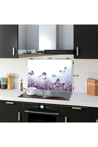Decorıta Cam Ocak Arkası Koruyucu | Mor Çiçek & Kelebek Desenli