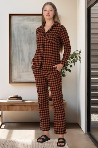Lohusa Sepeti Lohusasepeti Ekose Desen Önden Düğmeli Lohusa Pijama Takımı Turuncu - 5928 001