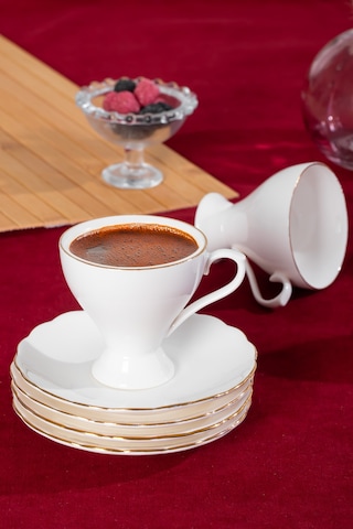 Porsima 4330 Emery 12 Parça 6 Kişilik Yaldızlı Porselen Türk Kahve Fincan Takımı Beyaz