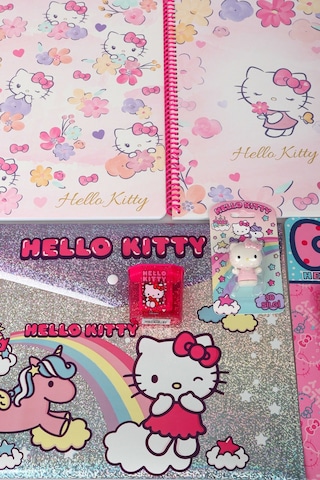 "dekomus Islak Mendil Hediyeli" Lisanslı Hello Kıtty 8 Parça Kırtasiye Seti 2 Adet Çizgli A4 Defter,versatil Uçlu Kalem,silgi,dosya Altın