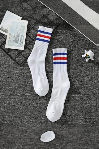 Unisex 3 Çift Premium Kalite Yüksek Pamuklu Kolej Çorap Mavi Kırmızı Çizgili Beyaz