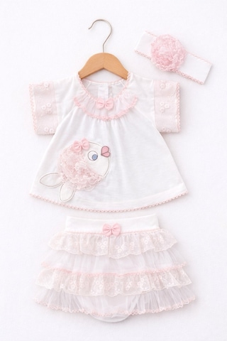 Kardeşler Bebe Balık Detaylı Kız Bebek Takım Dantelli Tütü Etek Ve Saç Bandı Set Pembe-beyaz