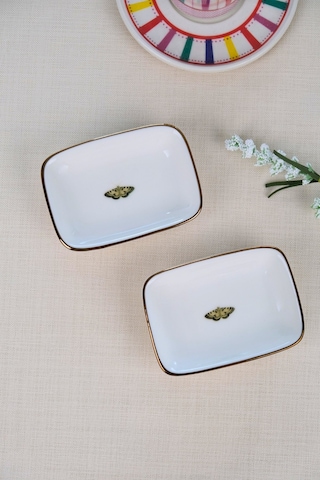Tabak Evi Kelebek Altın Yaldızlı Dikdörtgen Kayık Tabak 10x7x2cm 2 Li Çok Renkli