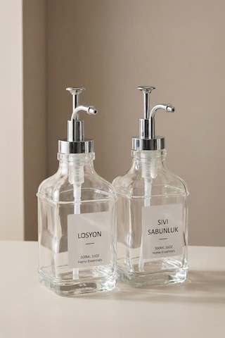 Digithome 2 Li Cam Sıvı Sabun Ve Losyon Etiketli Gümüş Tıpalı Deterjan Şişesi Sabunluk 500 Ml - 2112020-s C1-1-289