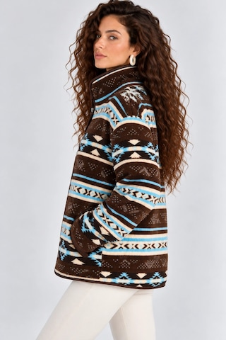 Mevese Desenli Dik Yaka Cepli Biyeli Kadın Polar Sweatshirt - Kahverengi-mavi