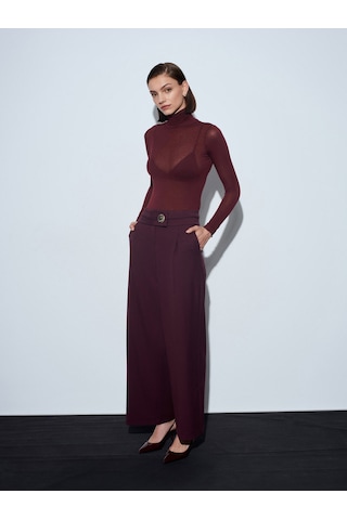 Dilvin 72244 Gold Düğmeli Geniş Paça Pantolon-bordo Bordo