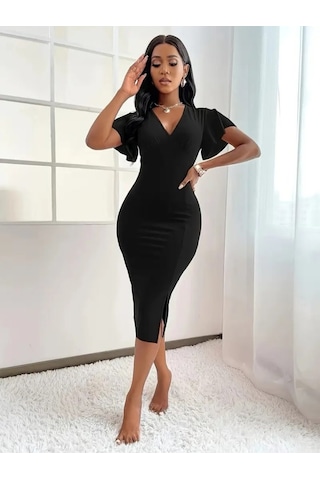 Ahes Shopping Kadın Kısa Kollu Derin Dekolte V Yakalı Yırtmaçlı Midi Janjan Krep Elbise Siyah