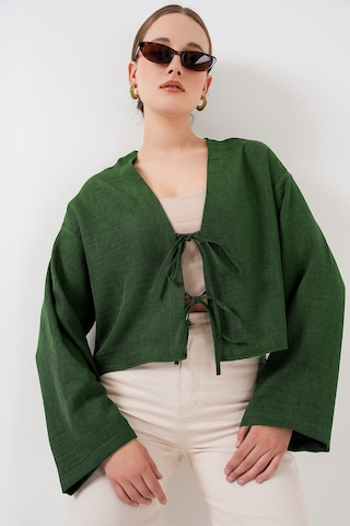 Bigdart Önü Bağlamalı Keten Kimono 960 - Zümrüt Yeşili