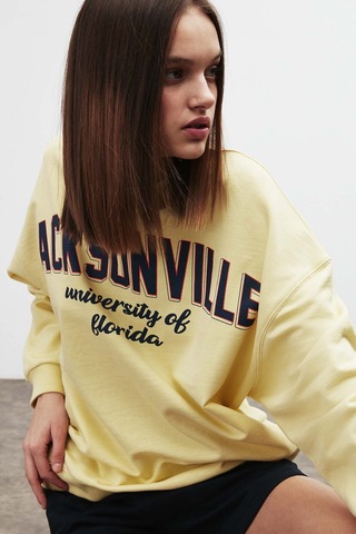 ETHIQUET RAMONA Kadın Oversize Yumuşacık İçi Polarlı Organik Pamuklu Baskılı Yuvarlak Yakalı Sarı Sweatshirt
