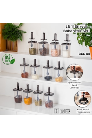 Porsima 1097 Kaydırmalı Kaşıklı Baharatlık Seti 12'li  Şeffaf - Antrasit