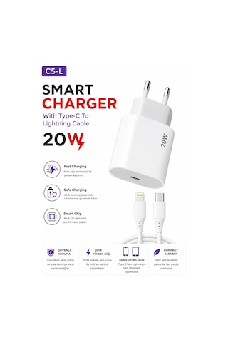 C5l Smart Charger 20w Type C To Lightning Kablolu Hızlı Şarj Aleti Fast Charging Smart Chip Safe Charging Usb C Adaptör Ve Şarj Kablosu