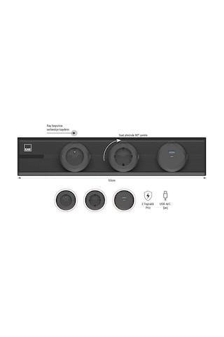 Eae E-flux Raylı Priz, 2 Şebeke, 1 Usb Type A+c 20w Siyah Efs500