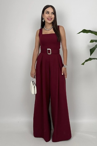 Noir Flow Kadın Bordo Kemerli Askılı Bol Paça Tulum Zarif Şıklık Bordo
