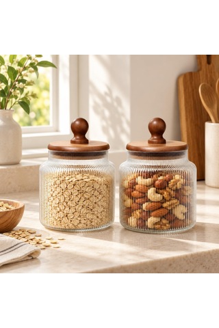 2'li 900 Ml Akasya Kapaklı Çizgili Cam Kavanoz Sızdırmaz Saklama Kabı Seti Çok Renkli
