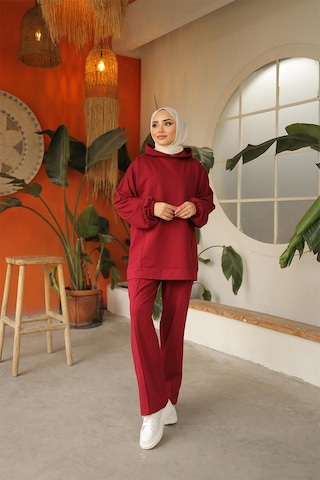 Burcu Tesettür Brc2408 Kapşonlu Kadın Tesettür Eşofman Takımı Bordo