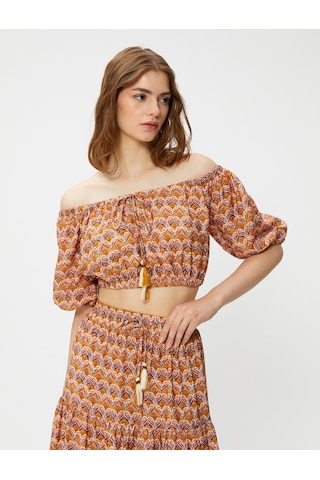 Koton Crop Bluz Etnik Baskılı Lastik Detaylı Kahverengi Desenli 3sak60175ew
