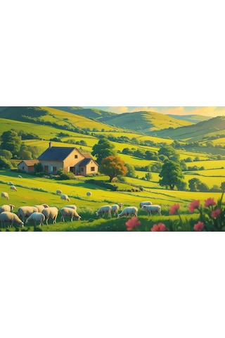 Doğa Ve Manzara Yatay Küçük Çiftlik Evi Yeşil Tepeler, Çiçek Açmış Tarlalar Doğa Ve Huzur 04 Çerçevesiz 90x60cm Pvc Tablo