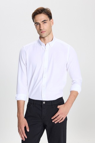 George Henry Gizli Düğmeli Yaka Kolay Ütülenebilir Pamuklu Slim Fit Dar Kesim Oxford Gömlek Beyaz