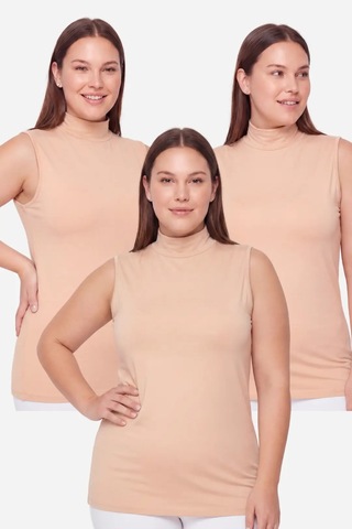 Terrien Özel Üretim Esnek Günlük Tarz Kadın Büyük Beden Balıkçı Yaka Kolsuz Body Ten 3'lü Paket