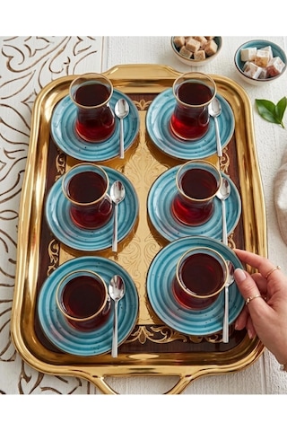Madam İzmir Winter 6'lı Siyah Çay Tabağı - Modern Spiral Desenli Şık Sunum Tabağı Turkuaz