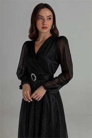 Neşeli Butik Kadın Kemerli Kruvaze Yaka Simli Gece Elbisesi Nbmy3590 Siyah