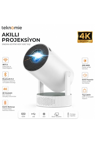 Teknomie 4k Destekli Mini Akıllı Projeksiyon Cihazı Dahili Bataryalı Wifi 6 Bluetooth 5.2 Taşınabilir Projektör
