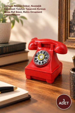 3 Adet Ankesörlü Telefon Biblosu Vintage Reçine Dekor, Nostaljik Çevirmeli Telefon Tasarımlı Kırmızı Masa Raf Süsü, Retro Ornament