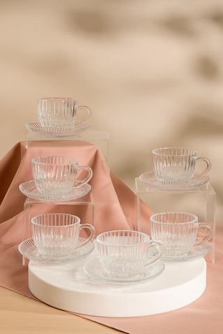 Elta Collection Cam Espresso & Türk Kahvesi Fincanı Seti 6 Kişilik Lüks Desenli Cam Bardak Takımı Çizgili Şeffaf
